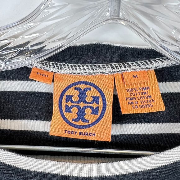 Tory Burch Sz Medium Gray White Striped Graphic Tee - Picture 3 of 15